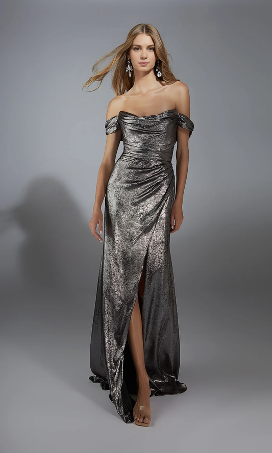 OKBBN off shoulder pleated slit ball dress