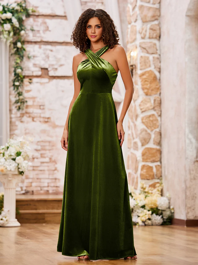 OKBBN Velvet Sleeveless Long Bridesmaid Dress