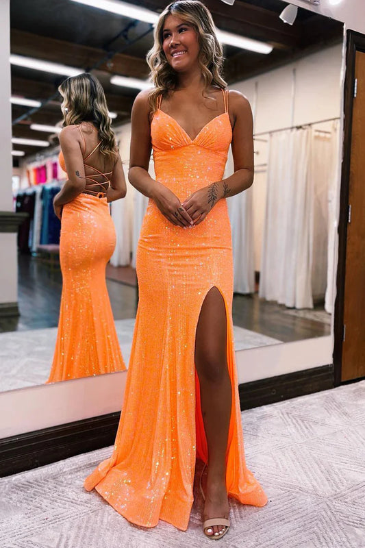 OKBBN Mermaid V-neck sequin slit long ball dress