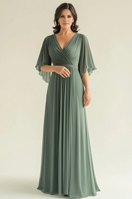 OKBBN Chiffon Folded Trumpet Sleeves V-neck Bridal Mother Dress