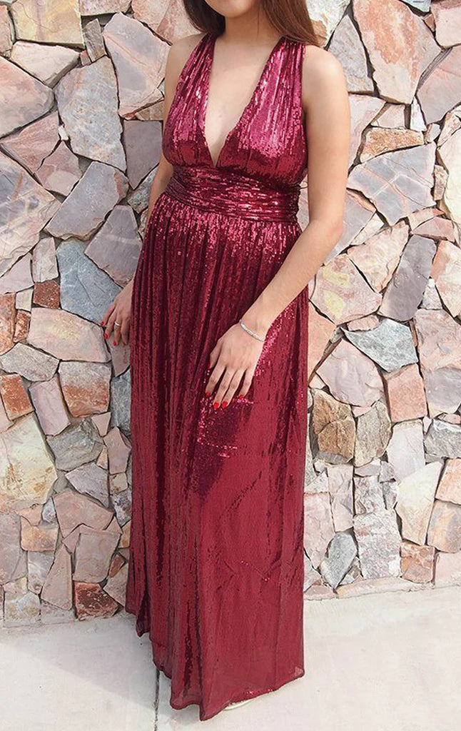 OKBBN Deep V-neck Glitter Long Formal Ball Dress