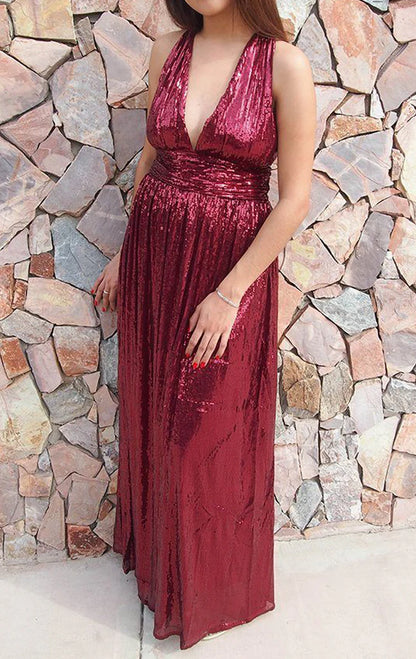 OKBBN Deep V-neck Glitter Long Formal Ball Dress