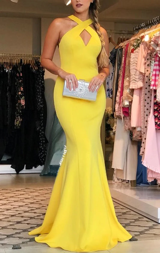 OKBBN backless V-neck knitted long formal ball dress
