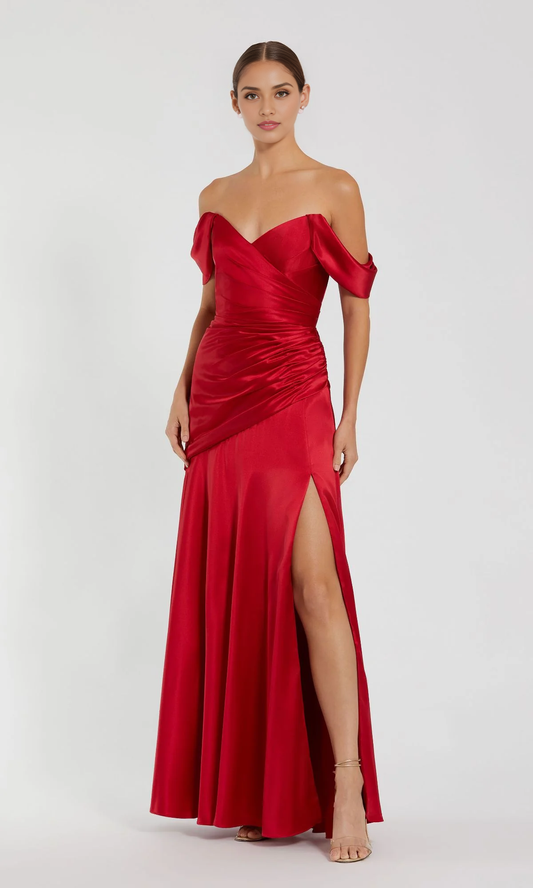 OKBBN Long Red Hard Satin Off Shoulder Collar Ball Dress