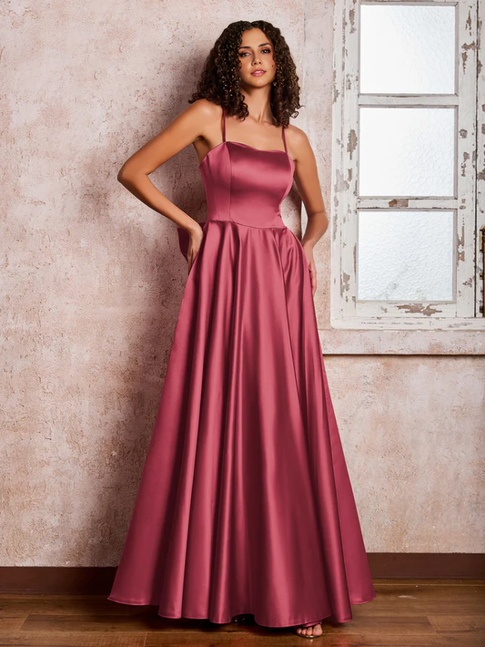 OKBBN Square Neck Thin Strap Satin Bridesmaid Dress
