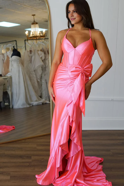 OKBBN Cute Mermaid V-neck Satin Long Ball Dress with Bow