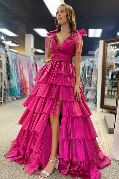 OKBBN Cute V-neck Organza Layered Split Ball Dress