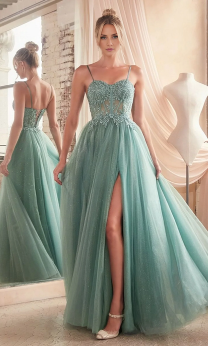 OKBBN Elegant Transparent Waist Long Sparkling Chiffon Ball Dress