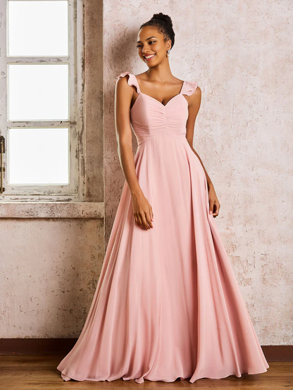 OKBBN pleated shoulder strap sleeveless A-line chiffon bridesmaid dress