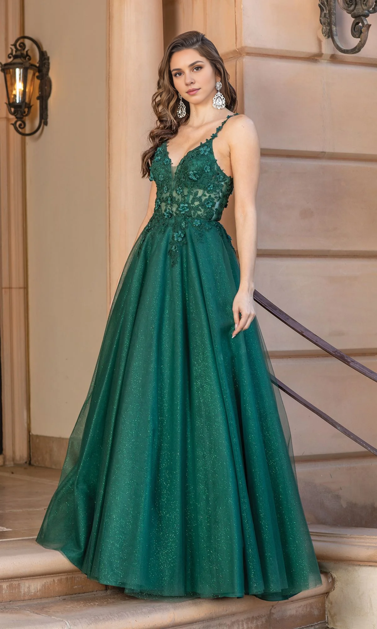 OKBBN Elegant Long Shiny Strap Sleeveless Ball Dress