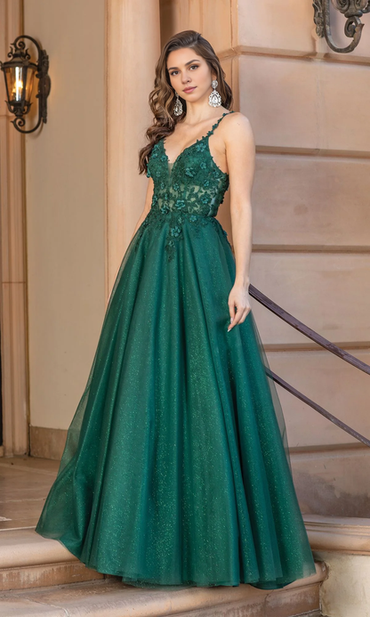 OKBBN Elegant Long Shiny Strap Sleeveless Ball Dress