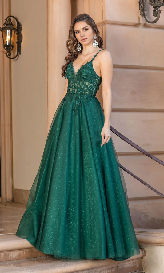 OKBBN Elegant Long Shiny Strap Sleeveless Ball Dress