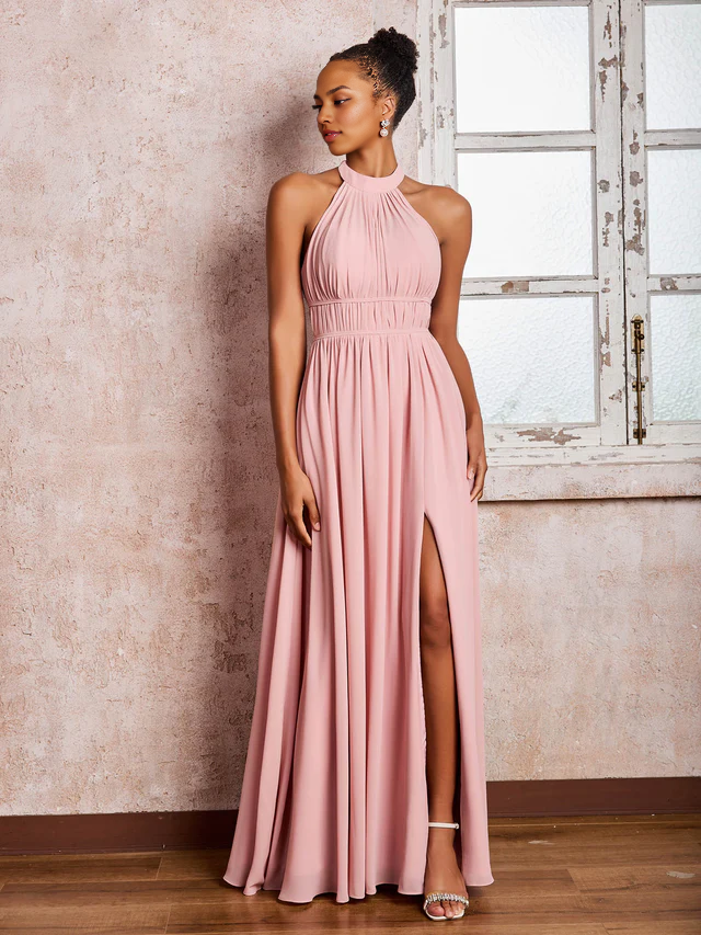 OKBBN pleated neck hanging chiffon split bridesmaid dress