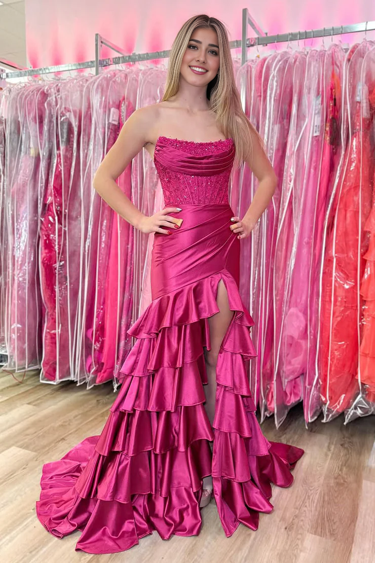 OKBBN Sweet Mermaid Round Neck Satin Split Ball Dress