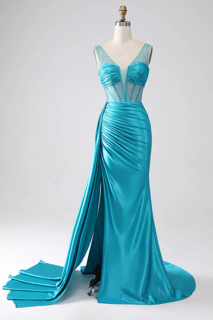 OKBBN mermaid V-neck trailing pleated tight corset bead long ball dress