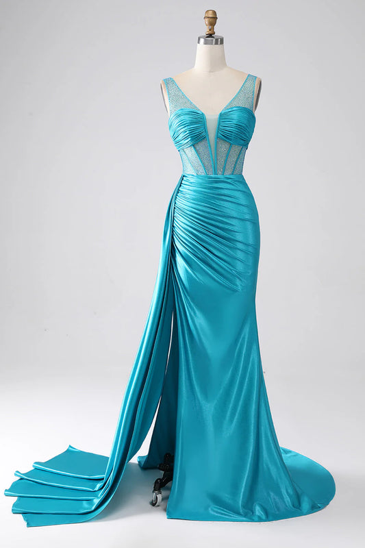 OKBBN mermaid V-neck trailing pleated tight corset bead long ball dress