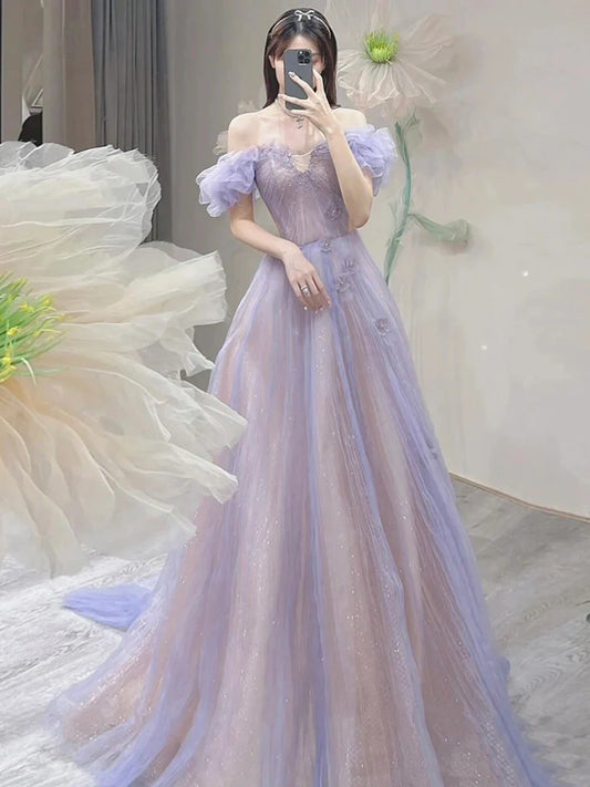 A-Line Off Shoulder Purple Tulle Long Evening Dress Purple Formal Dress