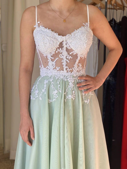 Green A line chiffon lace long prom dress green  prom dress