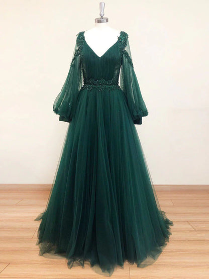 Green v neck lace A line long prom dress green tulle prom dress