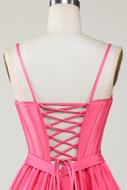 Fuchsia A Line Spaghetti Straps Corset Ruffle Homecoming Dress