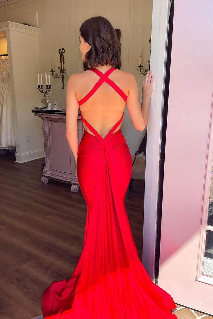 OKBBN Elegant Mermaid V-neck Satin Long Ball Dress
