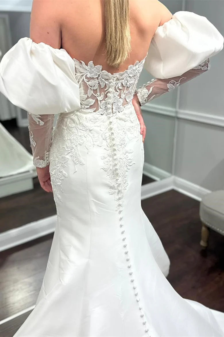 Appliques Strapless Trumpet Wedding Dress with Juliet Sleeves