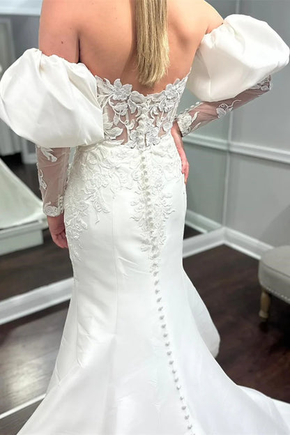 Appliques Strapless Trumpet Wedding Dress with Juliet Sleeves