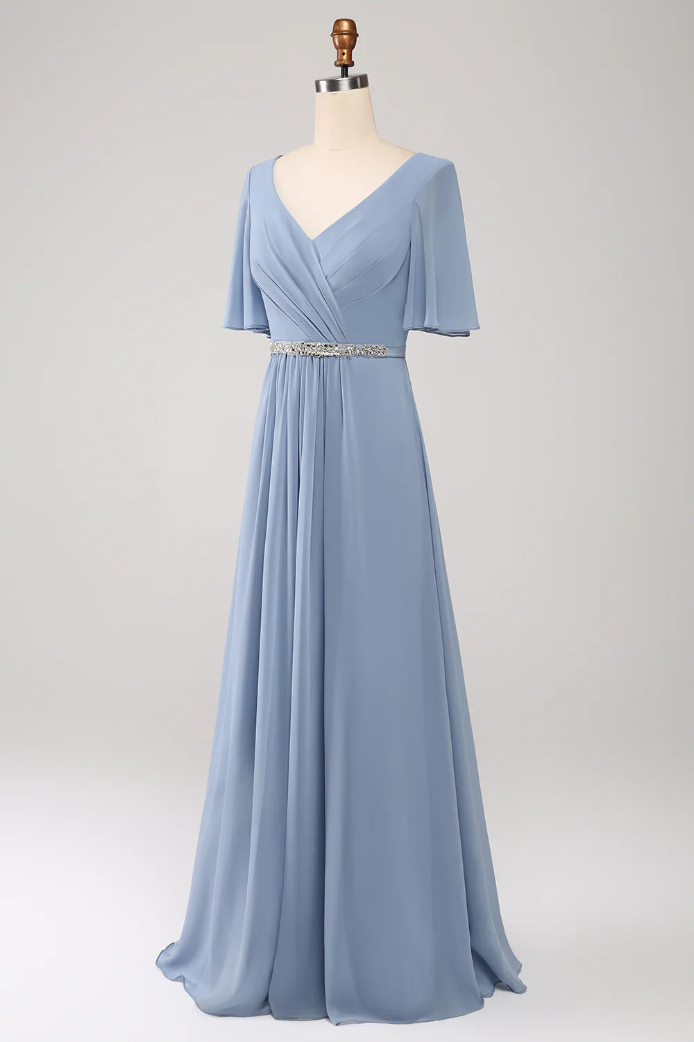 A Line V Neck Chiffon Floor Length Dusty Blue Bridesmaid Dress