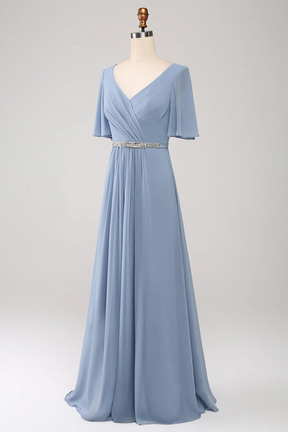 A Line V Neck Chiffon Floor Length Dusty Blue Bridesmaid Dress