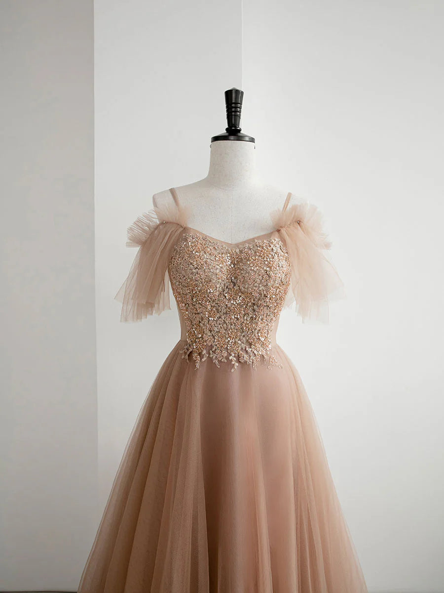 Champagne A line tulle lace long prom dress champagne prom dress
