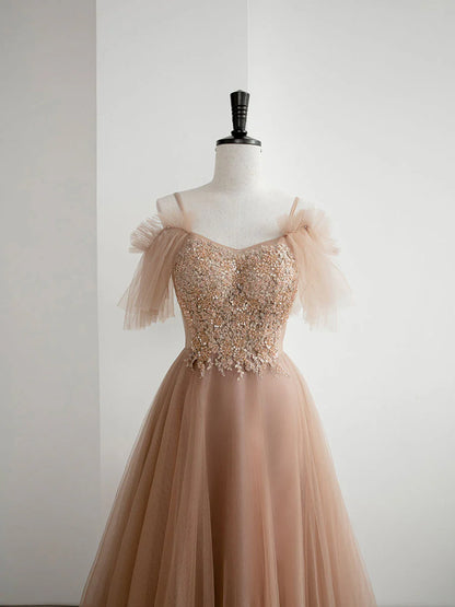 Champagne A line tulle lace long prom dress champagne prom dress