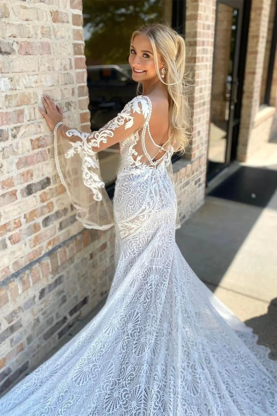 Lace Plunge Long Sleeve Mermaid Long Wedding Dress