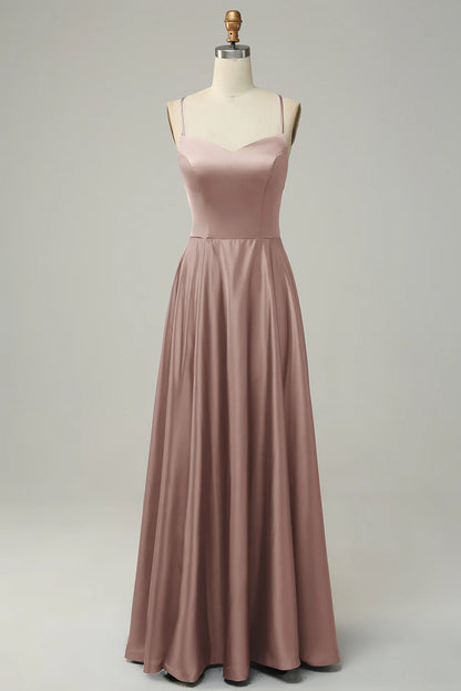 A Line Spaghetti Straps Backless Satin Bridesmaid Dress