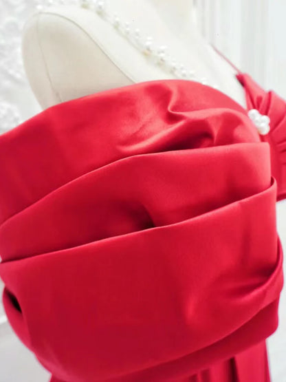 A-Line Off Shoulder Satin Red Long Prom Dress Red Long Formal Dress