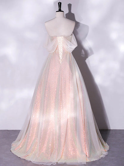 A-Line Pink Tulle Long Prom Dresses Pink Formal Evening Dress