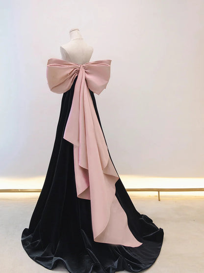 Black/pink velvet long Evening dress black long formal dress