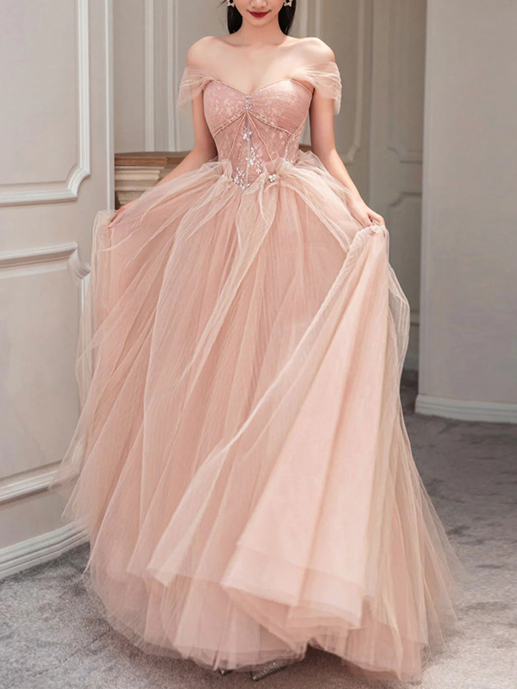 Pink tulle lace long prom dress pink tulle prom dress