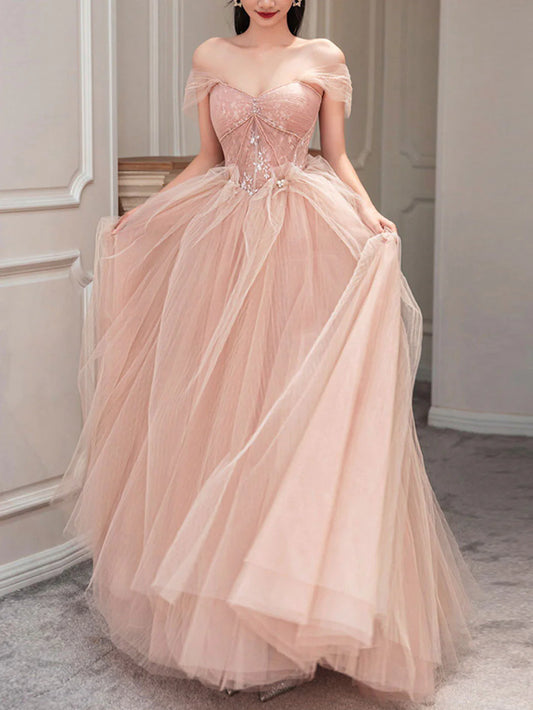 Pink tulle lace long prom dress pink tulle prom dress