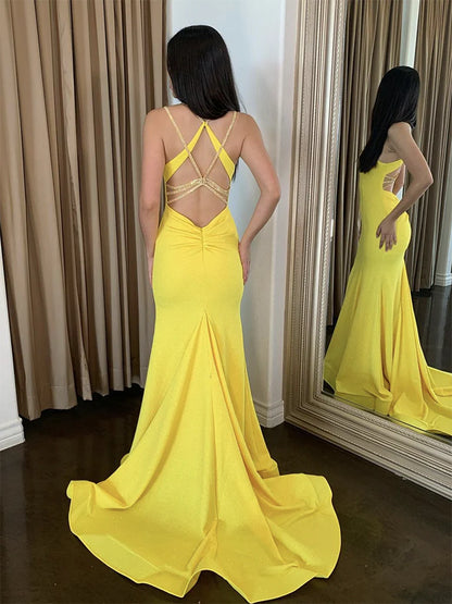 Simple Backless Satin Yellow Long Evening Dress Yellow Evening Dress