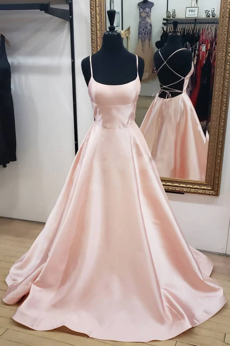 Simple pink satin long prom dress pink prom dress