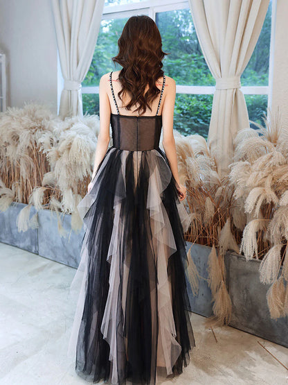 Black Aline tulle long prom dress black lace formal prom dress