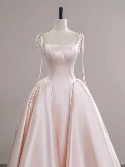 A-Line Satin Champagne Pink Long Prom Dress Champagne Pink Formal Dress