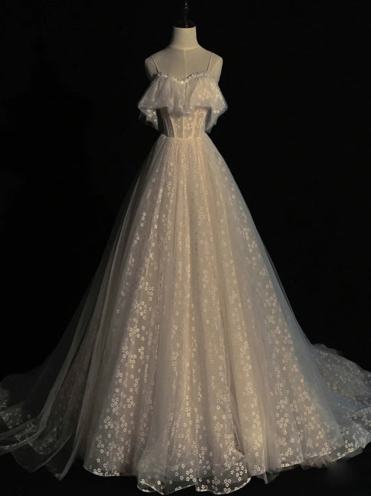 A line off shoulder champagne tulle long prom dress champagne prom dress