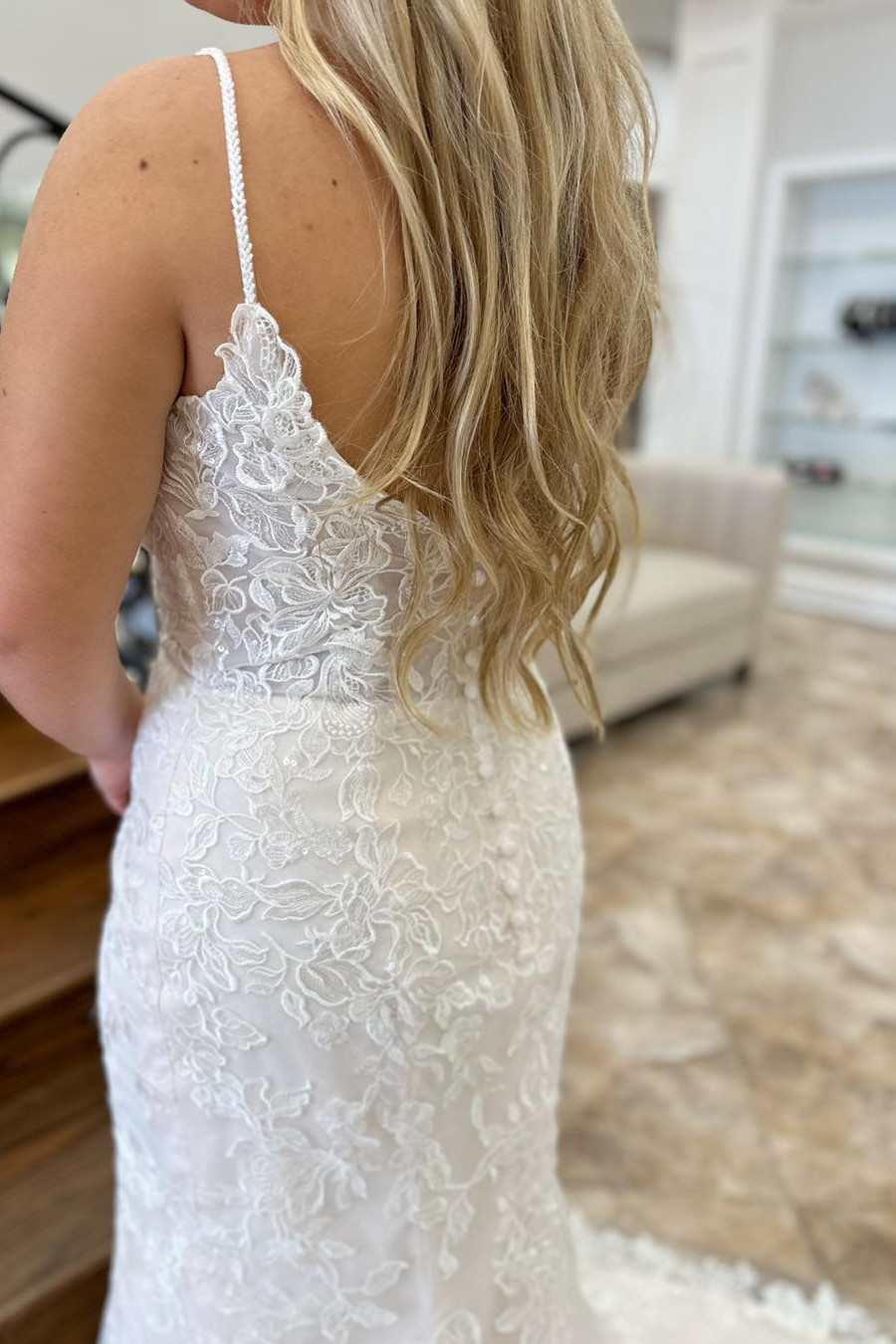 Floral Lace Plunge V Backless Mermaid Long Wedding Dress