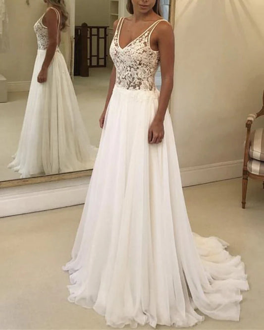 Chiffon Wedding Beach Dresses Lace V Neck