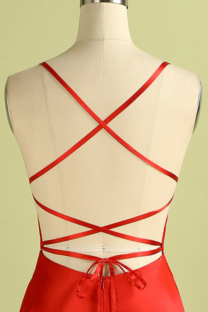 Red sexy backless satin ball bridesmaid dress