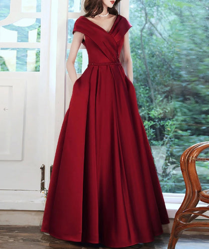 Burgundy v neck satin long prom dress burgundy prom dress