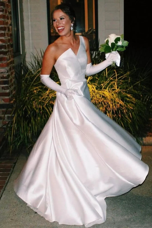 White Satin A-Line Long Wedding Dress