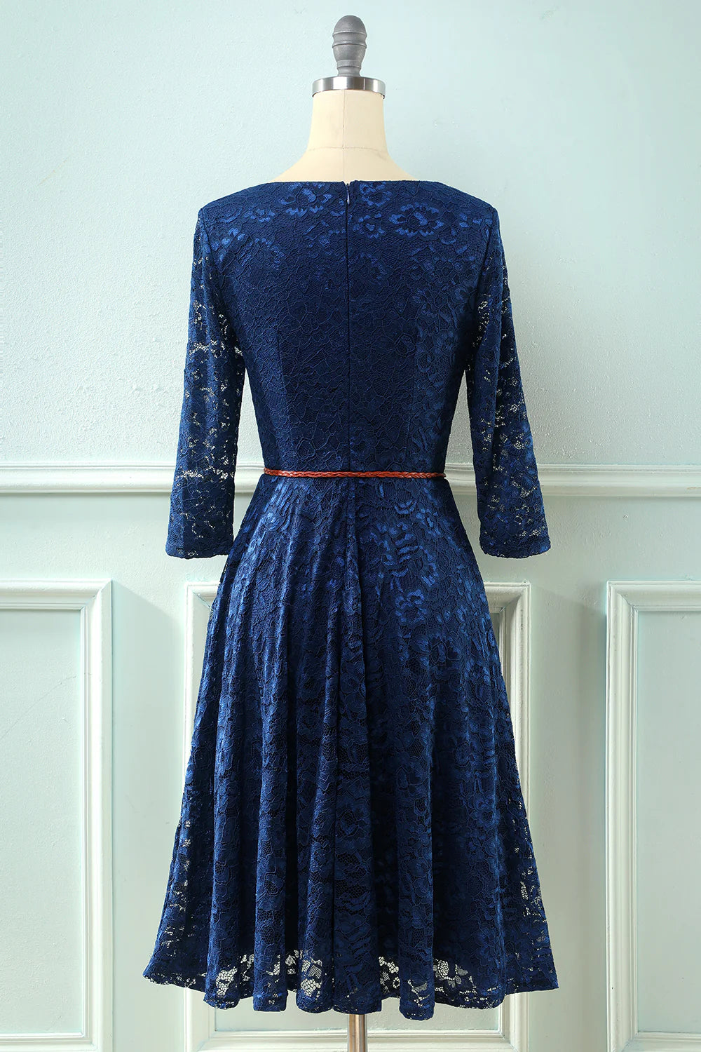 Medium sleeved elegant navy blue lace formal party guest dress