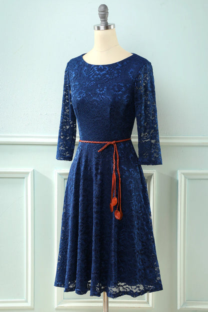 Medium sleeved elegant navy blue lace formal party guest dress